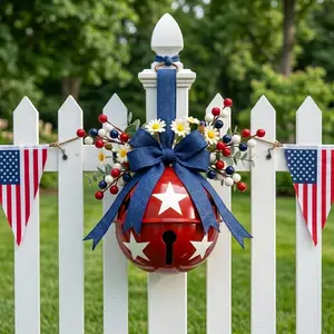 4th of July Red White Blue Bell Door Hanger, Patriotic Star Jingle Bell Wreath with Flowers, Independence Day Front Door Decor, Festive Hanging Ornament for Home Porch Party outdoorfun