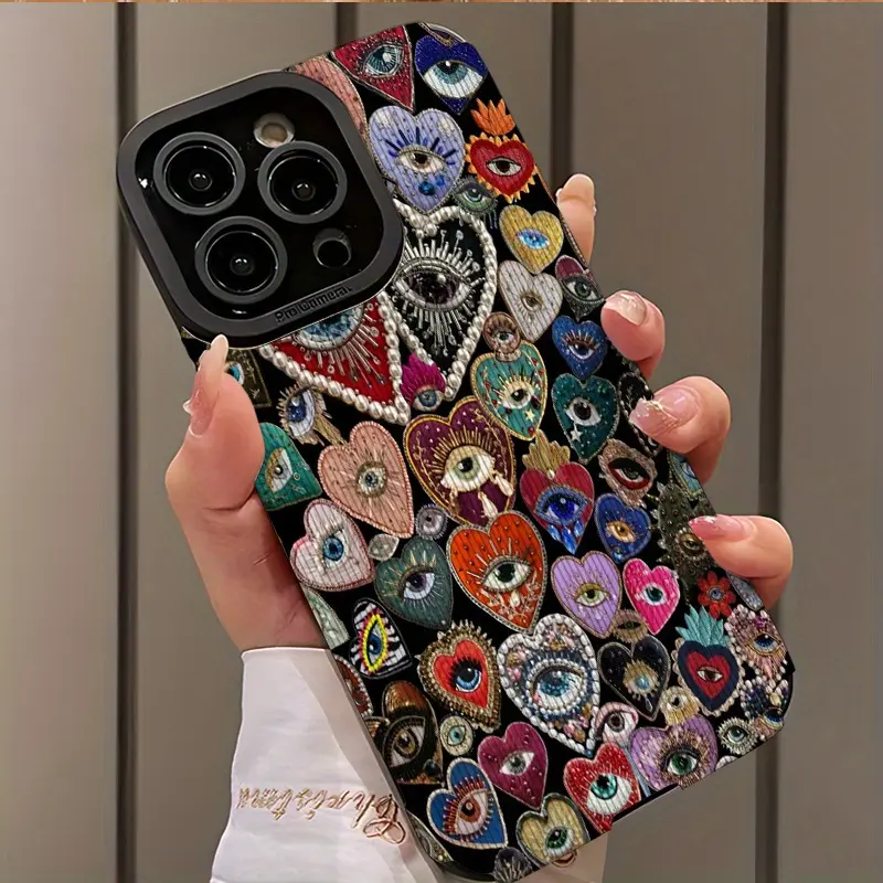 Elegant Pearl Eye Heart Design Shockproof Ultra-Thin Phone Case for iPhone 16/15/14/13/12/11/plus/pro Max, Dust-Proof Gift Idea