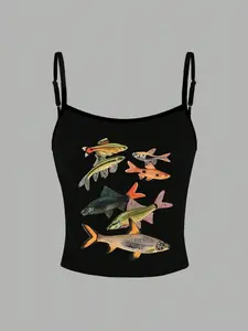 Women's Fish Print Casual Retro Aesthetic Camisole, Y2K Style, Preppy Loose-Fitting Top, All over Print, Perfect for Everyday Wear