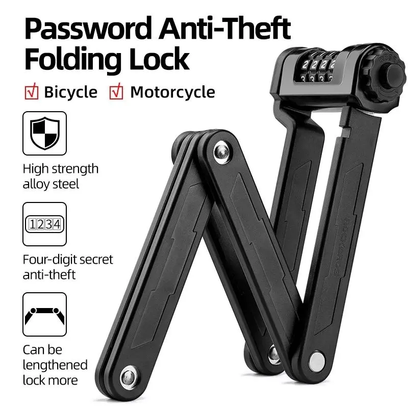 ROCKBROS Foldable 4-Digit Combination Bike Lock - 10,000 Codes, 33.5in Heavy Duty Anti-Theft, 360° Rotating Mechanism, 6 Thickened Steel Chains, ABS-Wrapped, with Mounting Bracket for Electric Bicycles