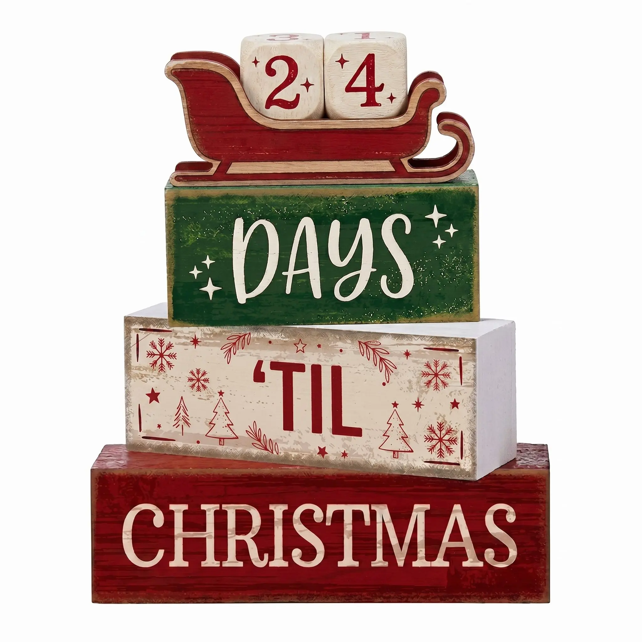 Christmas countdown building block tiered tray decorations; Christmas Santa sleigh 99-day calendar party table centerpiece; Christmas tree decorations; rustic farmhouse wooden ornaments for Christmas parties in autumn/fall and Halloween; living room mante