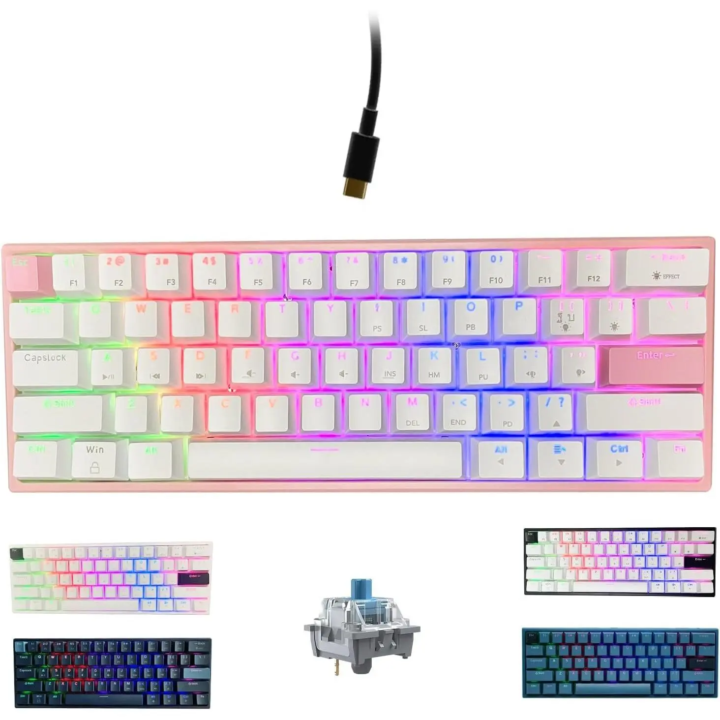 Portable 60% Mechanical Gaming Keyboard LED Backlit Compact 61  Mini Wired Office Keyboard with Blue  PBT Keycaps for Windows Laptop PC .(White/)