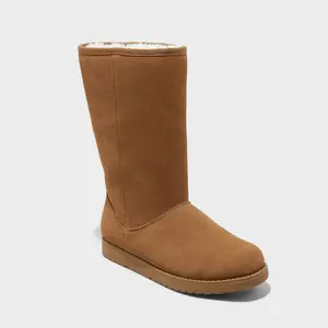Women's Sarah Suede Shearling Winter Boots - Universal Thread Tan 5: Mid Calf, Pull-On, Cushioned Insole, Textured Outsole