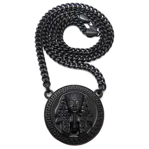 MaxBling81 Iced King Tut Pharaoh Motif Black Large Medal Cuban Chain Necklace - 6mm Chain Links, 20in/24in/30in Lengths, Celebrity-Inspired, Daily Wear Charm Necklace, Celebrity-Inspired Necklaces