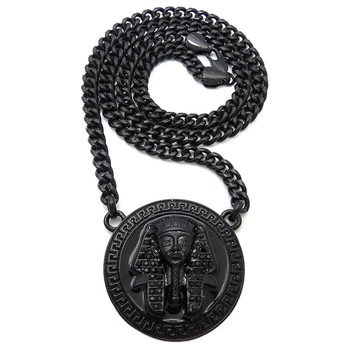MaxBling81 Iced King Tut Pharaoh Motif Black Large Medal Cuban Chain Necklace - 6mm Chain Links, 20in/24in/30in Lengths, Celebrity-Inspired, Daily Wear Charm Necklace, Celebrity-Inspired Necklaces