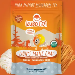 Kubo Lion’s Mane Chai Tea Bags | Organic High Caffeine (155mg) Black Tea + Lion’s Mane Mushroom | 20 Pyramid Count | Caffeinated Tea for Calm Focus & Mind Support | Healthy Coffee Alternative, Calorie Free