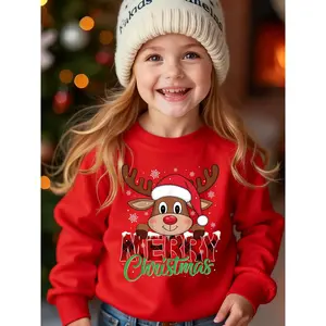 Girls' Christmas Sweatershirt - with Red & Reindeer, Snowflakes & Merry Christmas Lettering - Holiday Party Outfits, Winter Birthday Celebrations - Cozy Kids Crew neck Sweatershirt, Christmas Clothes, Festive Kids Wear, Long Sleeve Top