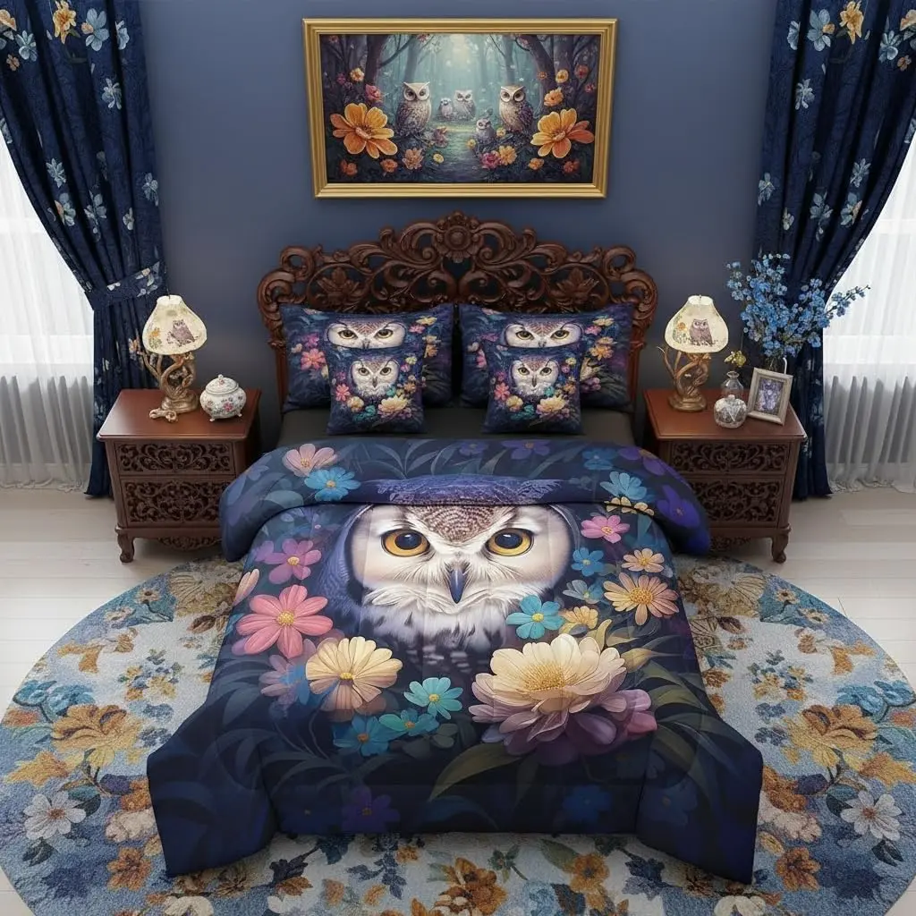 Owl Flowers Comforter Set with Sheets Country Style Floral 7 Piece Bedding Set Lovely Owl Wildlife Bed in a Bag Soft Bedding Comforters