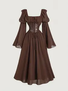 Vintage Court Style Long Sleeve Bodycon Dress, Holiday Women's Fashion, Elegant Renaissance Princess Dress with Bow Tie, Fabric Patchwork, Fitted, Formal