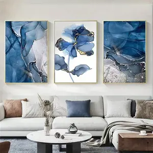 3pcs Nordic Abstract Blue Marble and Floral Canvas Painting Living Room Decoration Frameless Hanging Poster Modern Home Decoration
