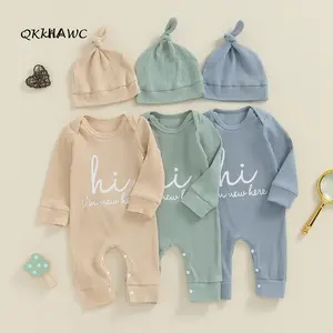 Baby Boys Romper Letter Print Long Sleeve Crew Neck Jumpsuits Spring Casual Clothes Infant Bodysuits with Hat