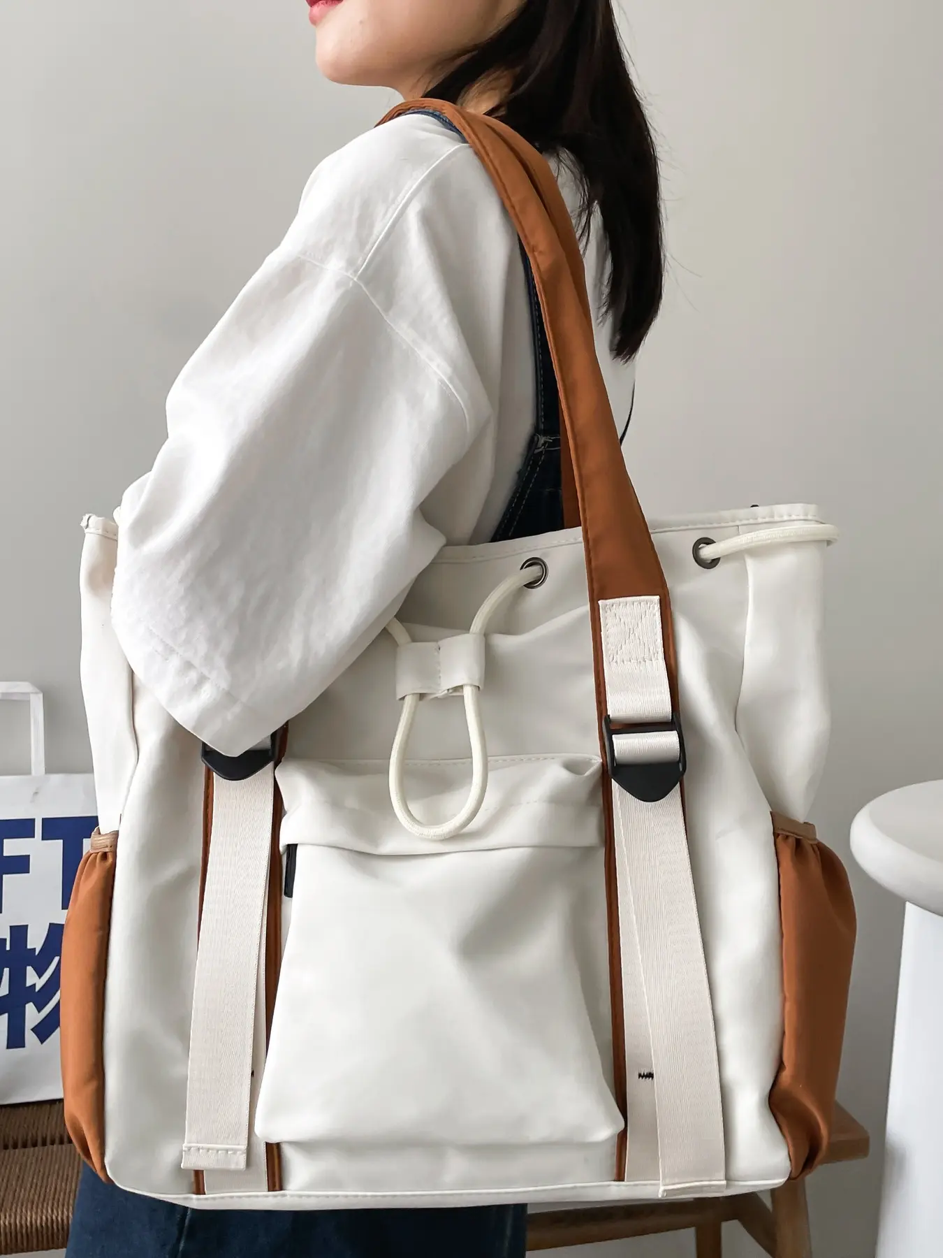 Stylish Cream White Tote Bag with Drawstring Closure Perfect for Daily Outings and Short Trips Versatile Shoulder Bag for Women Plain Tote Bag
