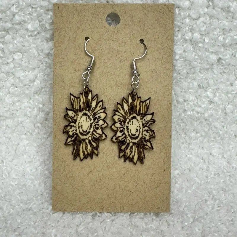 Wooden Sunflower Earrings - Handcrafted Natural Wood Dangle Earrings for Women & Girls