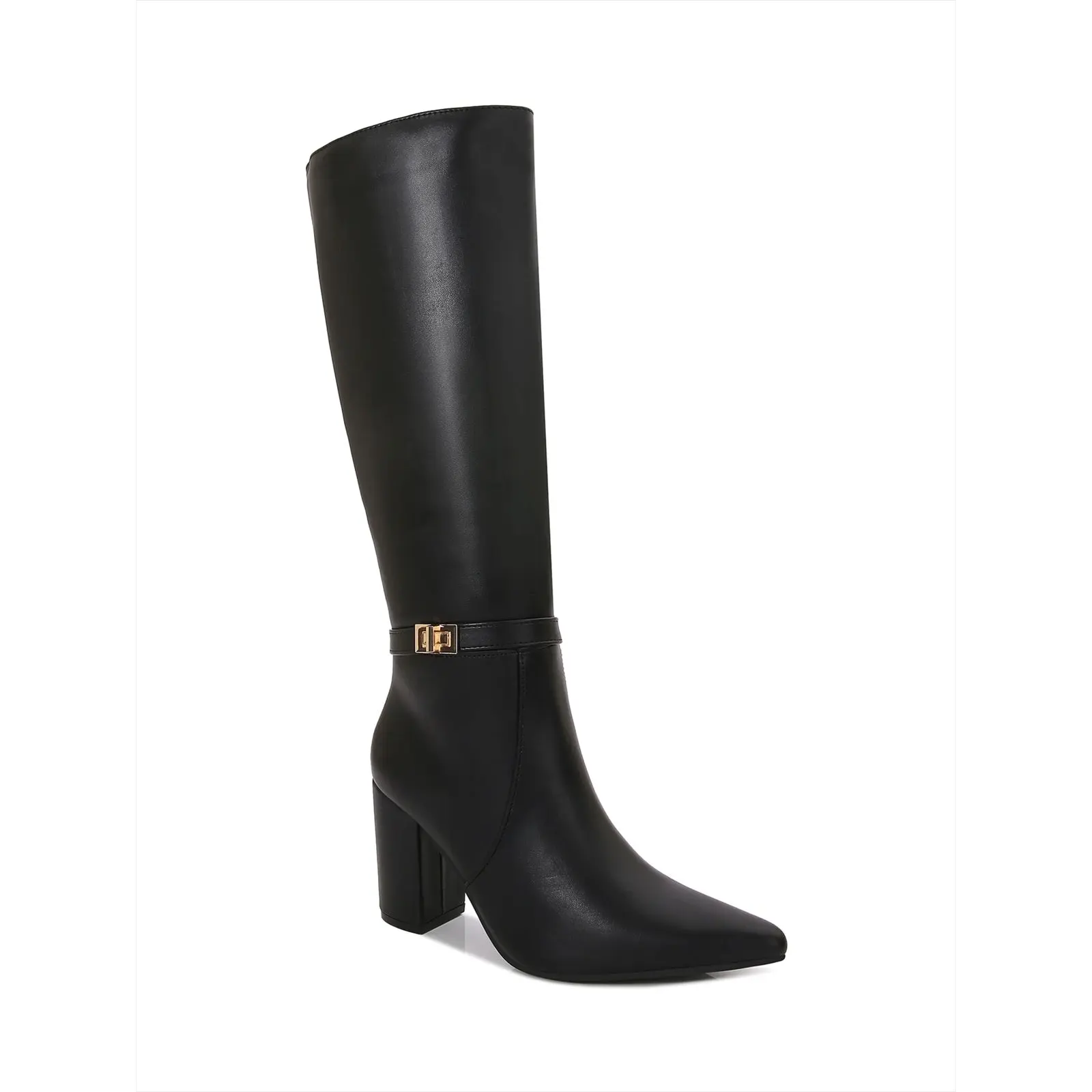BERNESS Arkady Women's Elegant Knee-Length Dress Boots - Pointed Toe, Block Heel, Metallic Gold Buckle Strap, Side Zipper, Plain Design for Office, Fall Business Wear | Women's Footwear