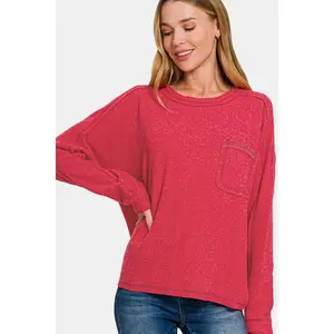 Zenana Full Size Contrast Stitching Brushed Ribbed Hacci Knit Top