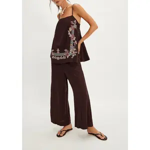 Two Piece Linen Sets for Women Summer Tube Top and Wide Leg Pant Lounge Matching Set 2 Piece Beach Vacation Outfits