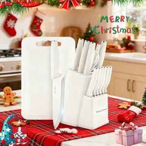 BIEZUMN 15-piece set, white elegant kitchen set, with sharpener, stand, cutting board, dishwasher safe set Christmas gift first choice Multicolor Knife Set super knife Super Sharp Kitchen