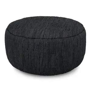HomeRoots 638574 14 x 30 x 30 in. Black Leather Round Pouf Ottoman