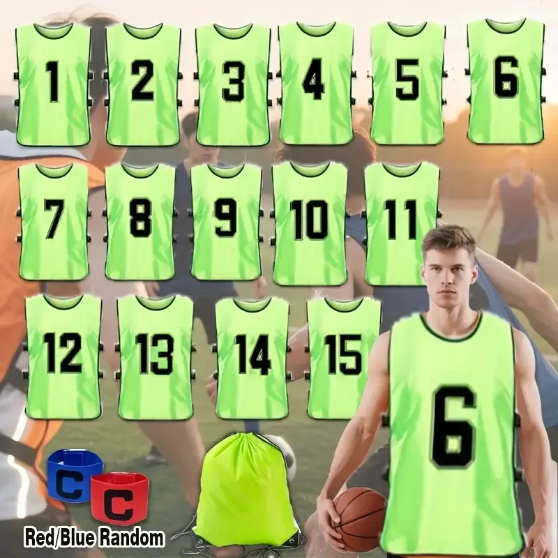 15-Pack Numbered Training Vests, Breathable Polyester Jerseys for Team Sports Practice, Complete Set with Bag & Captain Armbands, Numbered Vests