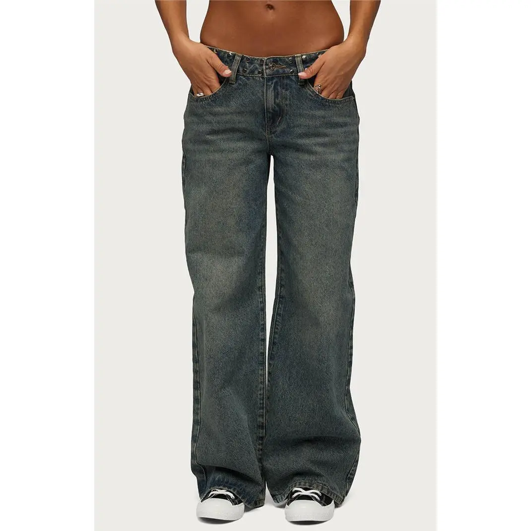 Edikted Women's NYC Studded Low Rise Baggy Jeans