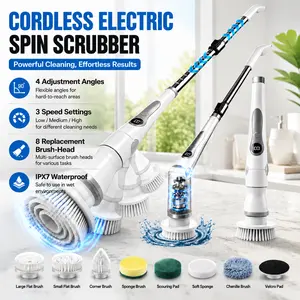 LTYTZ Cordless Electric Spin Scrubber - 3 Speeds, 4 Angles, 8 Replaceable Brush Heads, Adjustable Handle, LED Display, 90 Mins Runtime, IPX7 Waterproof for Bathtub, Bathroom, Car