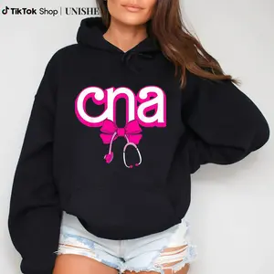 Long Sleeve CNA Nurse Hoodie with Cute Pink Bow and Stethoscope - 100% Unisex Casual Wear