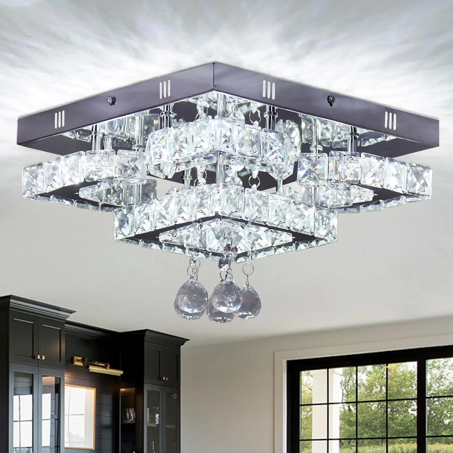 Square K9 Crystal LED Flush Mount Chandelier, Modern Design, Energy-Saving, Mirror Stainless Steel Base, for Kitchen/Corridor/Bedroom/Dining Room  QH-MC031
