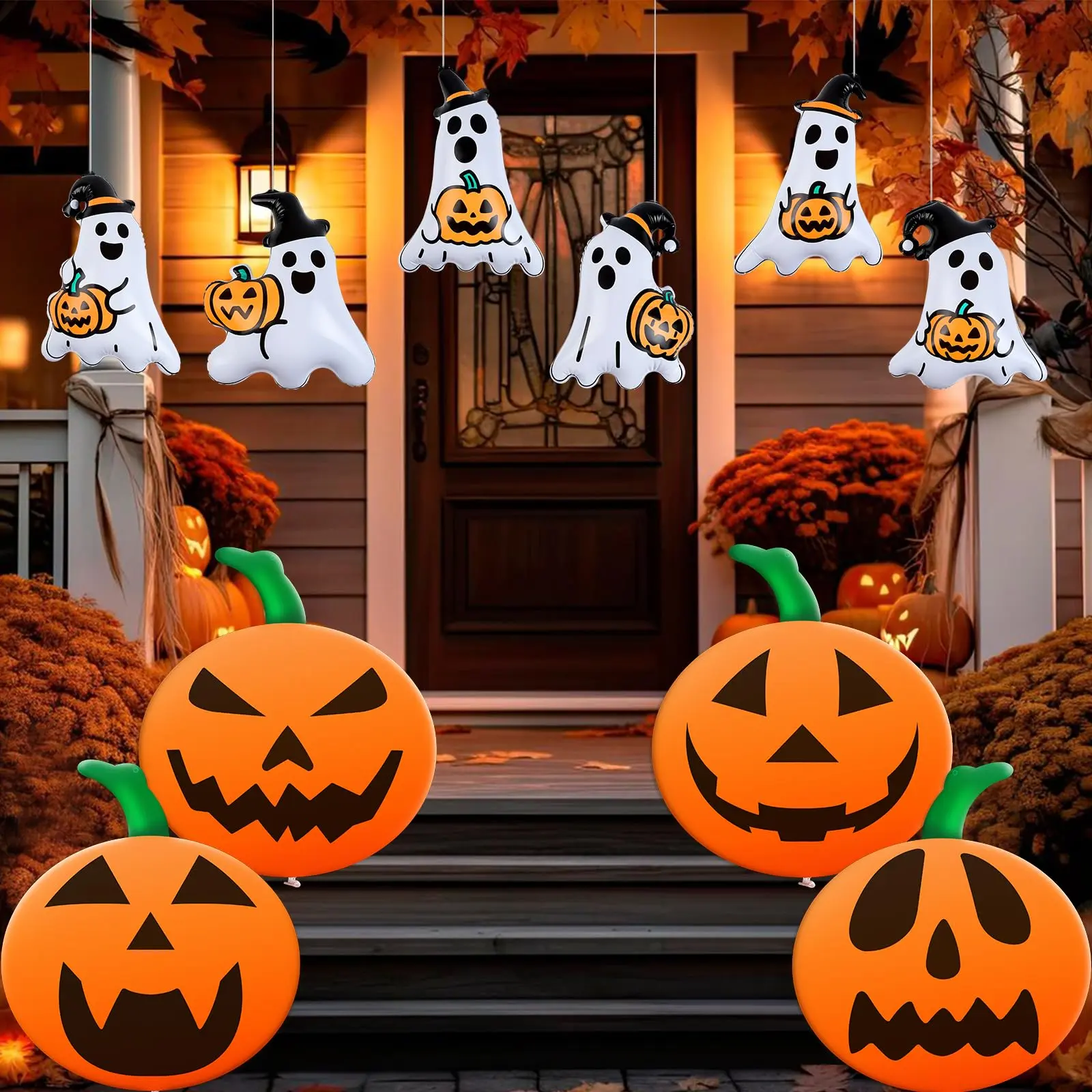 10 Pack Halloween Inflatable Pumpkin and Ghost Balloons, PVC Party Decorations with 16 Inch Pumpkin and 9 Inch Ghost Designs for Yard, Garden, Home and Haunted House