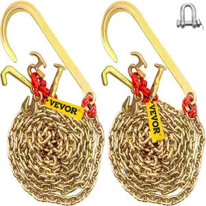VEVOR J Hook Chain, 2PCS 5/16x 10' G80 15 Long Shank J Hook Tow Chain with RTJ Cluster Hook Grab Hook, 5400 lbs Working Load, Heavy Duty Transport Truck Chain for Wrecker Recovery Trailer Towing