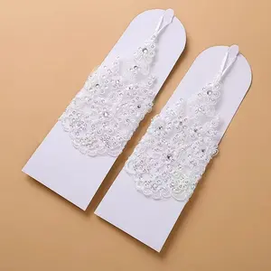 White Lace Beaded Fingerless Wedding Gloves for Bridal Accessories Stage Performance Hand Wash or Dry Clean Elegant Beaded Design