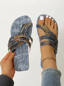 Trendy Slip-On Sandals Women Summer New Denim Fabric Outdoor Versatile Flat Cool Slippers, Perfect for Daily Wear & Casual