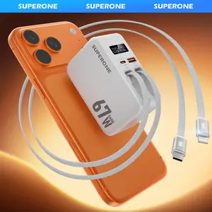 SUPERONE 67W GaN Retractable Wall Charger Plug - 3.3ft Nylon Braided 2 USB-C 4-in-1 Digital Smart Display, 2 Ports for MacBook, iPhone 17/16/15, Laptop Device Fast Charging Block