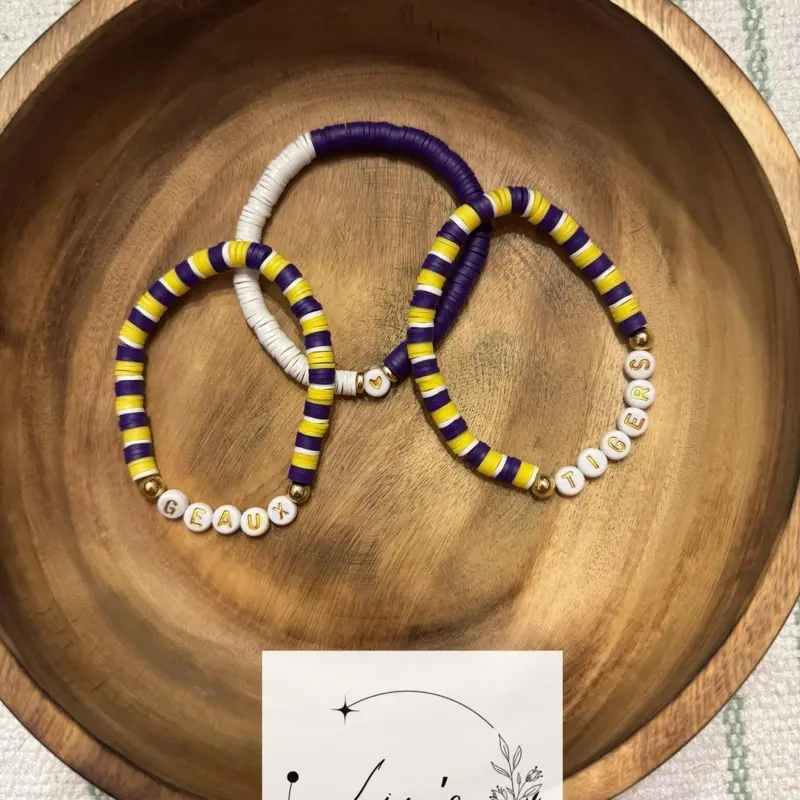 LSU Bracelet Set - Purple Yellow White Striped Beads with Letter Beads - LSU Jewelry Collection