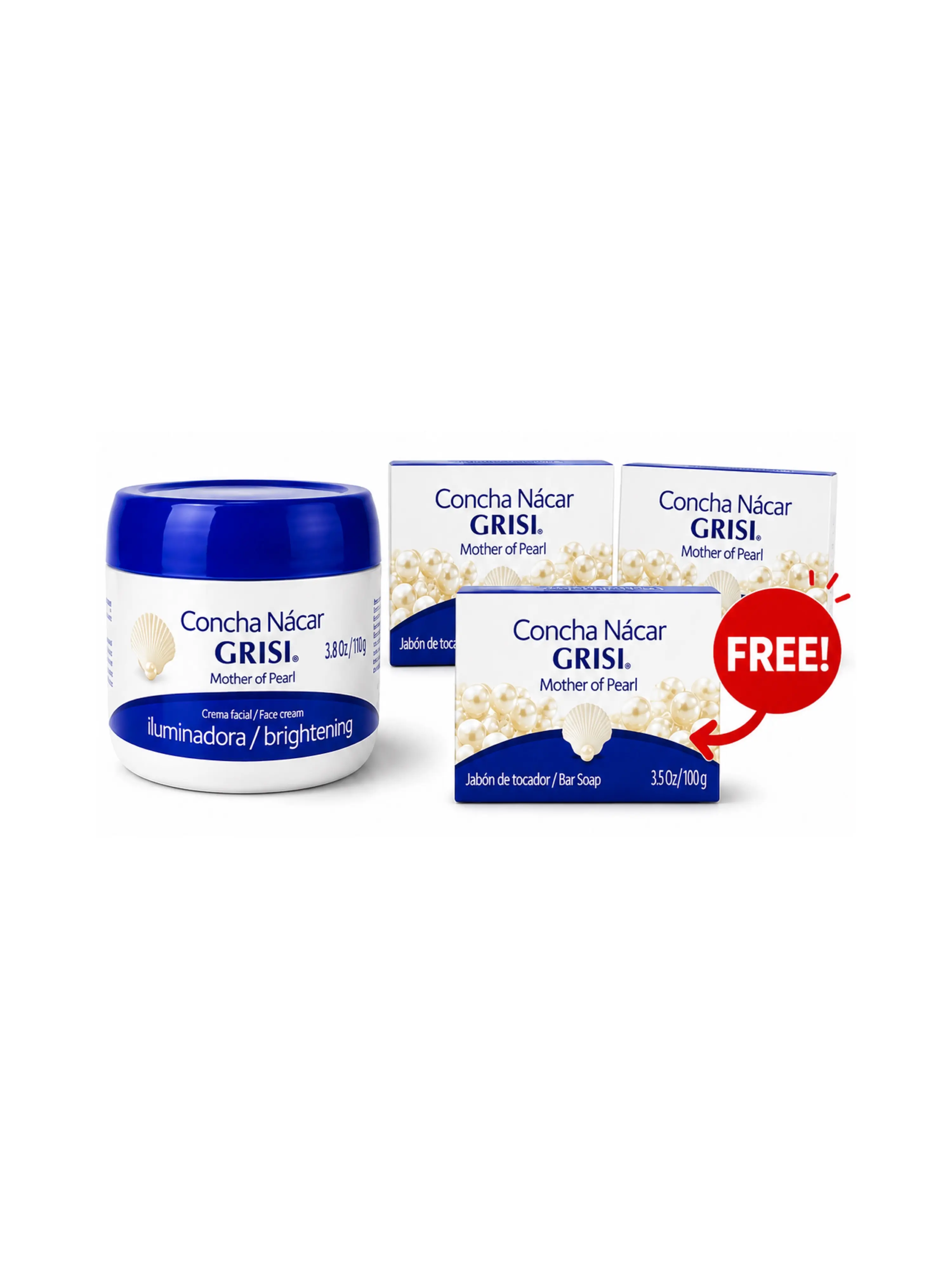 Combo Iluminador Concha Nacar Jabon Gratis - 1 Crema y 2 Jabones mas 1 Jabon Gratis - 4 Piezas - Brightening Combo - 1 and 2 Soaps plus 1 Free Soap - 4 Piece Body Care Set - 3.5 Oz