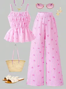 Girls' Striped Bow Tie Top and Straight Leg Pants Set, Casual Summer Holiday, 2 Piece Set, Fitted Style, Long Regular Length