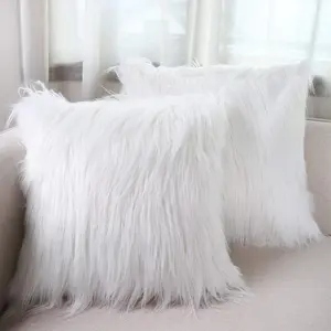 Faux Fur Throw Pillow Covers 18x18 Inch Home Luxury Long Fur Mongolian Soft Square Cushion Cover 100% Pillowcase for Couch 45x45cm, Bright White, 2 Pieces
