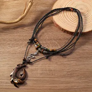 Men's Pendant - Tribal Ethnic Style Retro Braided Cord Necklace 2pcs Set with Adjustable Length Drawstring Design, Handmade Multi-Layered Beaded Accessories Unisex Fashion Jewelry