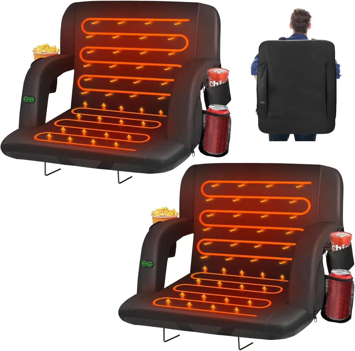 2PCS Massage & Heated Stadium Seats with Back Support and Padded Cushion - 3 Level Heating & Massage Extra Wide Bleacher Chair with Anti-Slip Mat - Football Seats, 6 Adjustable Angle, Pockets, Cup Holder
