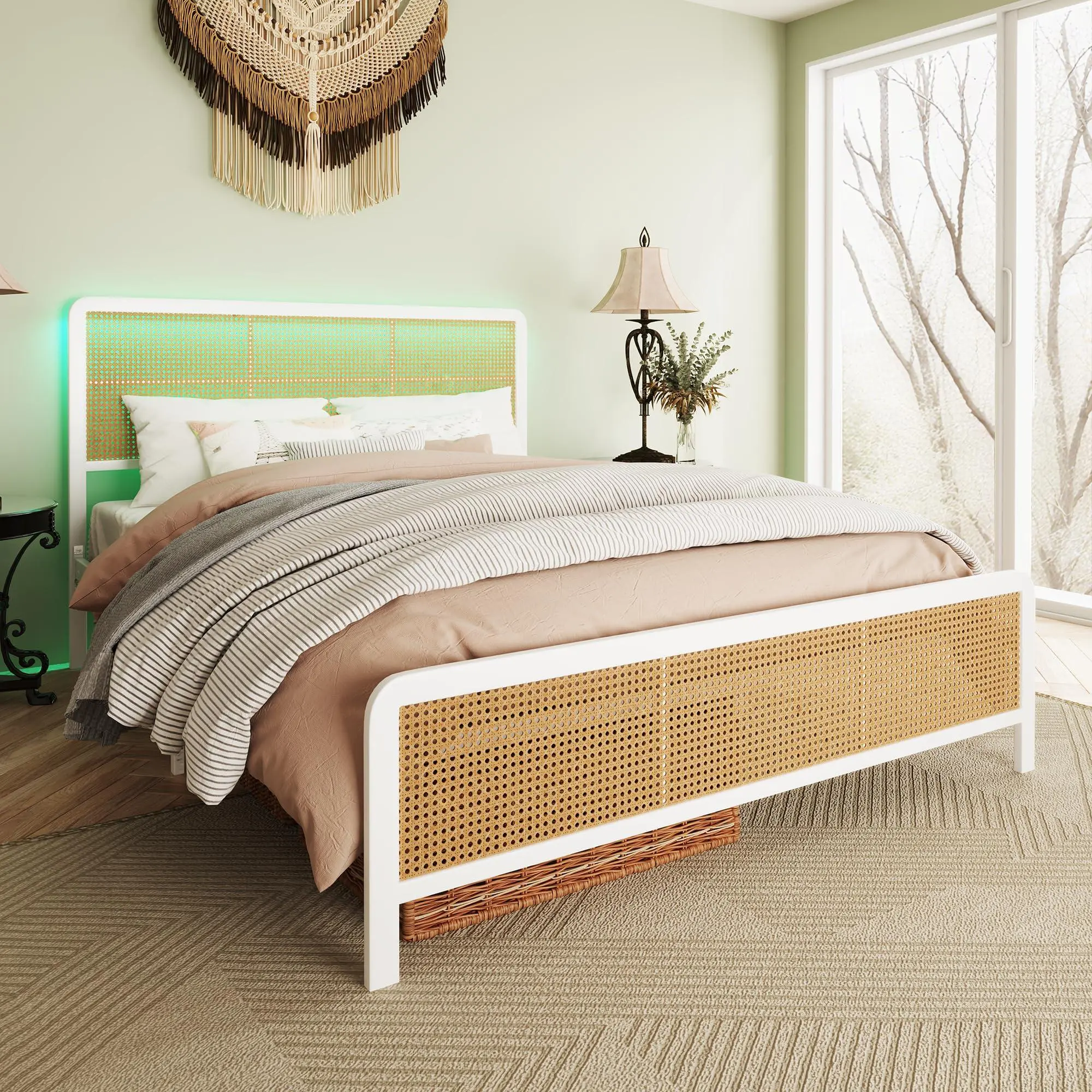 Queen Bed Frame with White Rattan Headboard - Bohemian Rustic Look Platform Bed, RGB LEDs, Sturdy Metal Slats Support, Extra Legs, Noise-Free Design, No Box Spring Needed, 45-Minute Easy Setup Assembly, Led Strips
