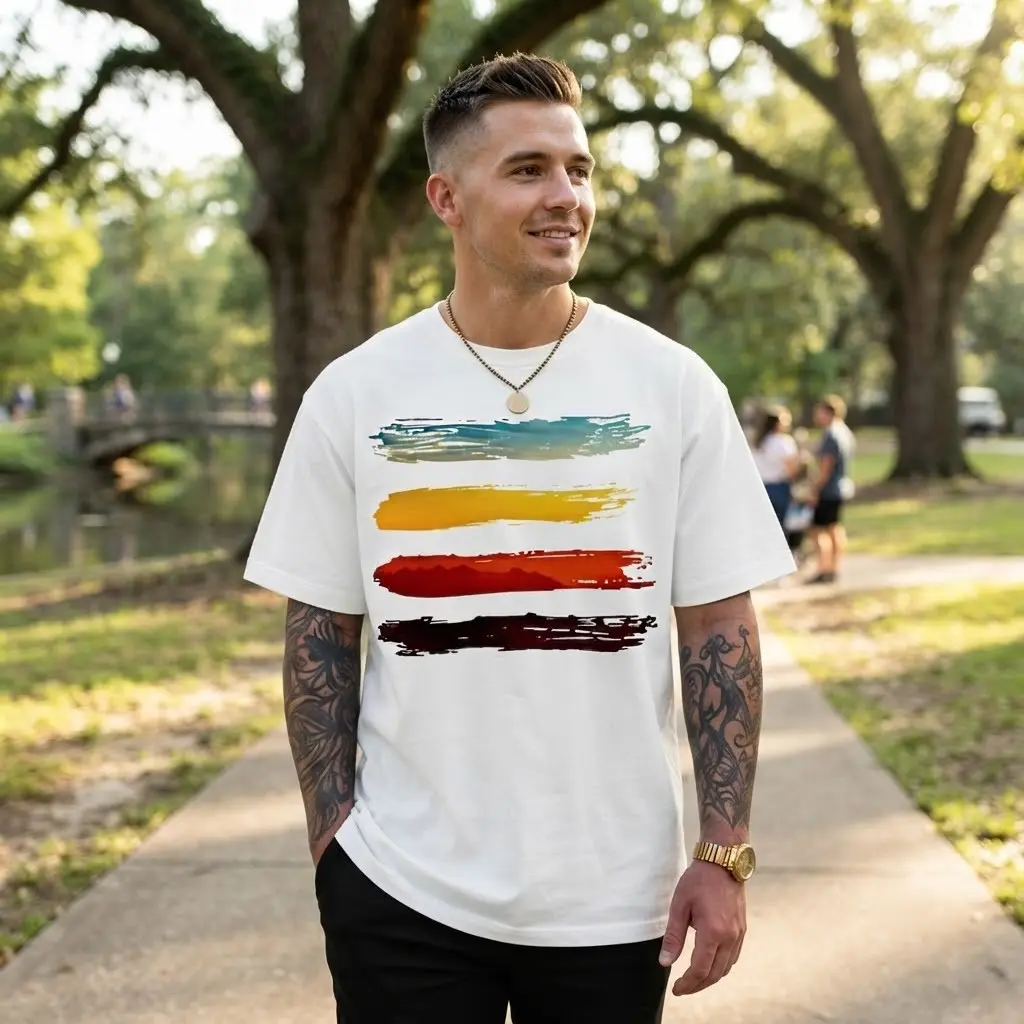 Abstract Landscape Brush Strokes T-Shirt - Artistic Mens  Nature Scenery  Shirt White  Short Sleeve Top. cotton graphic tee