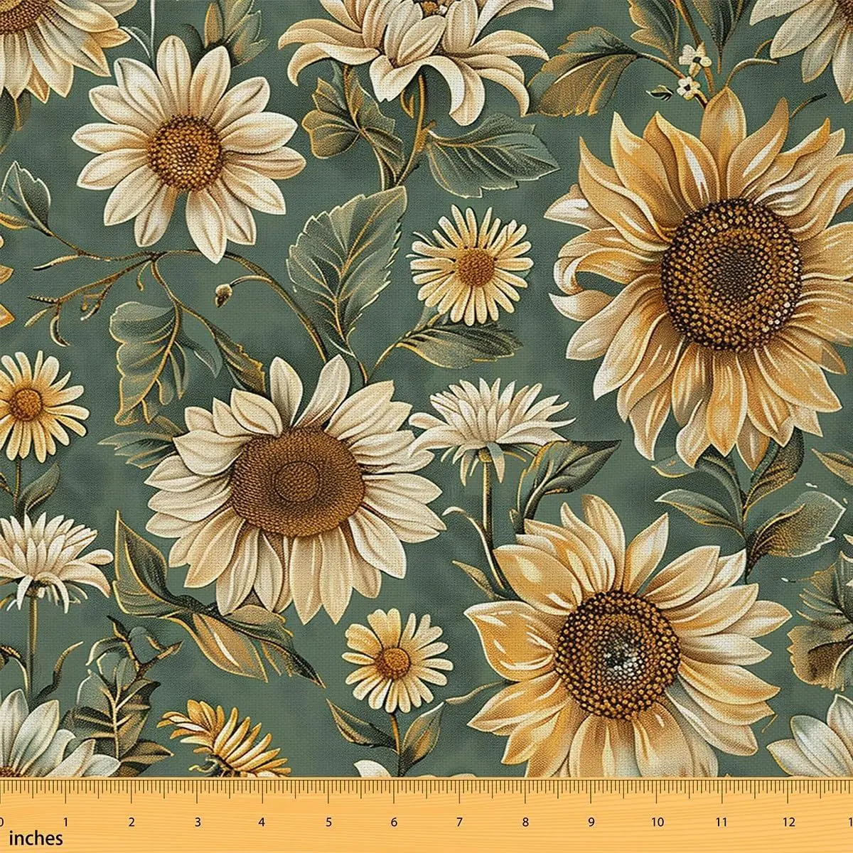 Sunflowers Fabric,Rustic Farmhouse Style Decor Fabric Sewing Supplies,Botanical Floral Garden Fabrics Soft Flannel Polyester No Stretch,Yellow Green