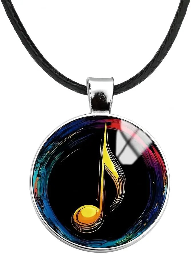 SUPAC Music Note Pendant Necklace, Glass Dome, 1.02 Inches Diameter, Leather Cord, 2-Inch Extension, Casual Costume Jewelry, Golden Musical Note, Eighth Note