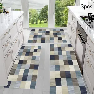 Light Color Plaid Kitchen Rug Set of 3, Non-Slip Comfortable Mats, Farmhouse Chef Rugs for Kitchen Sink Laundry Room