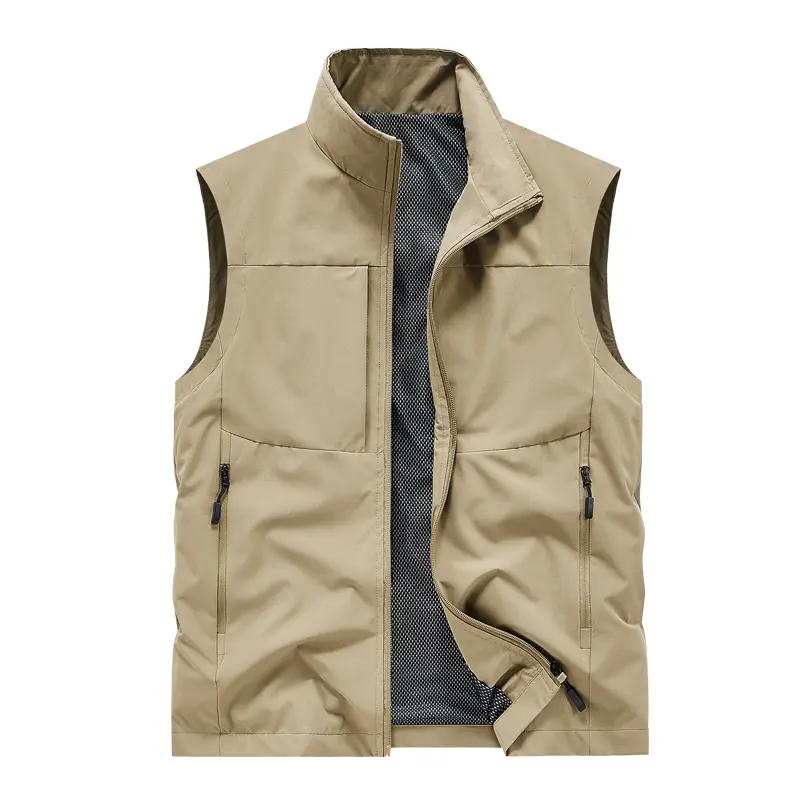 Men's Stand Collar Utility Vest, Mesh Lined Lightweight Sleeveless Gilet, Multi-Pocket Breathable Waistcoat For Outdoor Fishing, Daily Commute And Layering Wear
