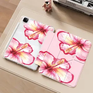 Pink Hibiscus Flower iPad Case with Transparent Acrylic Y-Fold Stand, All-Round Shockproof & Scratch-Resistant Protective Cover, Compatible with iPad 7.9/8.3/10.2/10.5/10.9/11/12.9/13 inch, Ideal Gift for Floral & Tropical Aesthetic Fans, Girls & Teens