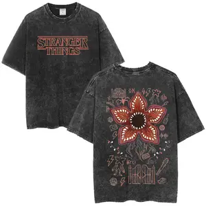 Menswear Stranger Things Printed Tshirt, Unisex Loose-Fit Washed Cotton Round Neck Short Sleeve Top, American Retro Casual Streetwear New Arrival