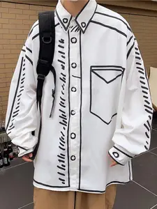 Men's Manga Cartoon Printed Line Shirts for Spring & Summer, Loose Long Sleeve Shirt for Back To School,Men's Clothes, Casual Stylish Menswear, Men's Shirt for Daily Wear