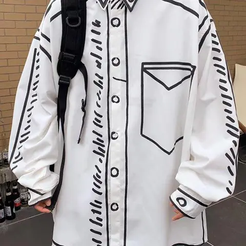Men's Manga Cartoon Printed Line Shirts for Spring & Summer, Loose Long Sleeve Shirt for Back To School,Men's Clothes, Casual Stylish Menswear, Men's Shirt for Daily Wear, Fashion Casual Shirt, Casual Summer Clothing