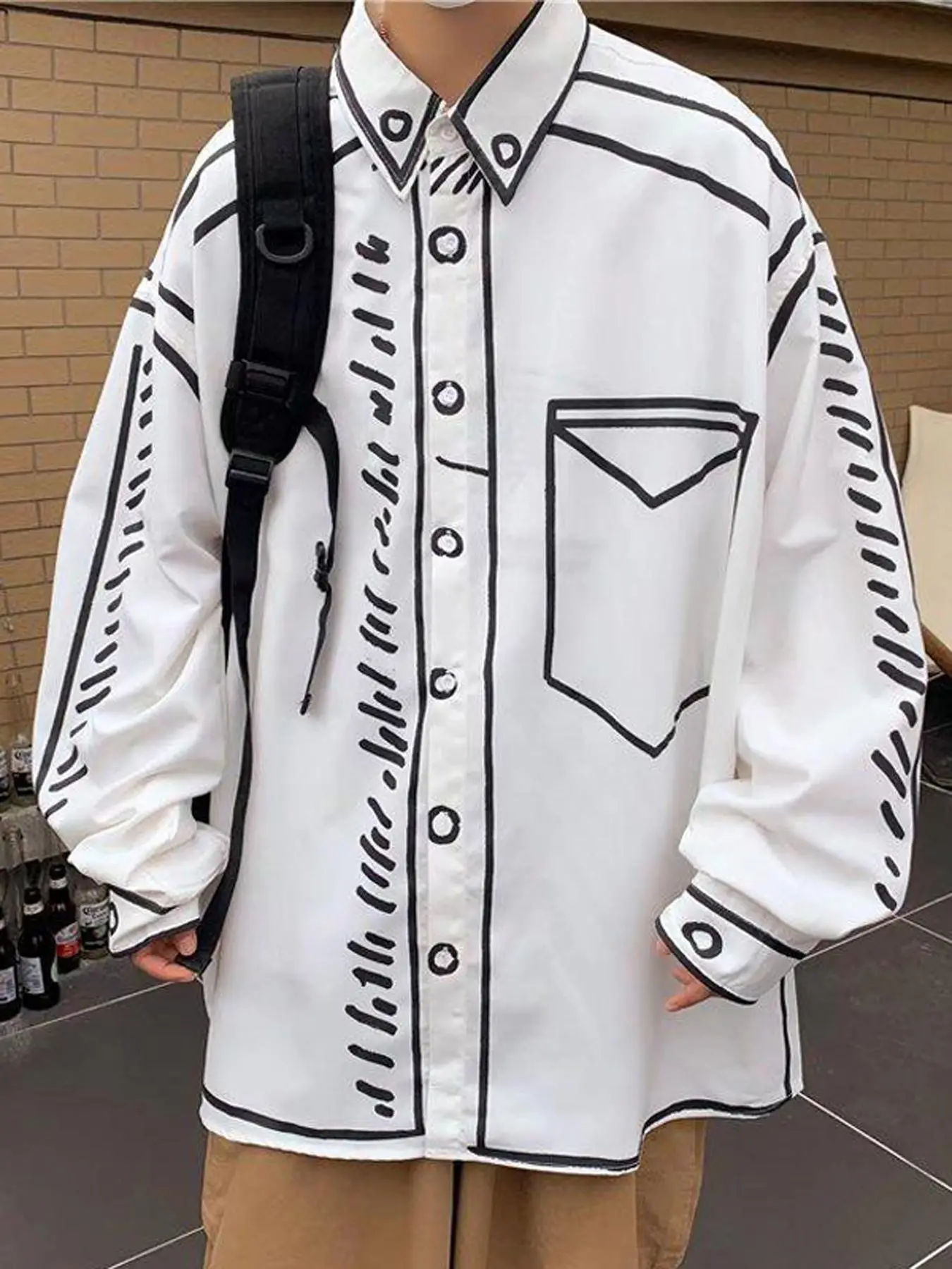 Men's Manga Cartoon Printed Line Shirts for Spring & Summer,Casual Loose Long Sleeve Shirt for Back To School,Men's Clothes,Men's Shirt for Daily Wear