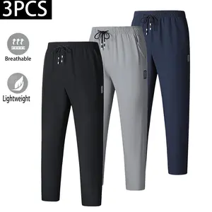 Men’s Ice Silk Casual Pants, Pack of 3 – Lightweight, Breathable, Quick-Dry Straight-Leg Drawstring Sports Pants for Summer, Menswear, Classic